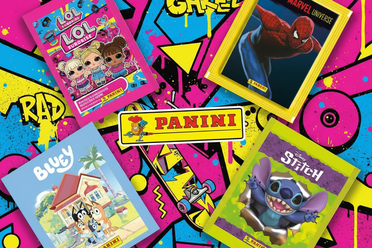 Image of Panini logo in center with packets of panini card and sticker packets around the edges. 