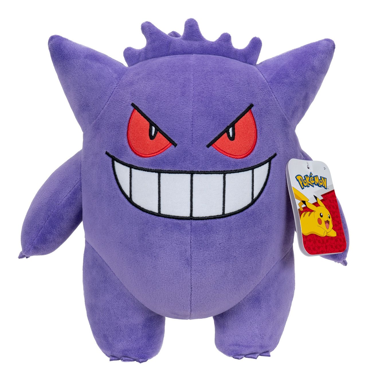 Purple plush Gengar toy with red eyes and a wide grin, featuring a Pokemon tag.
