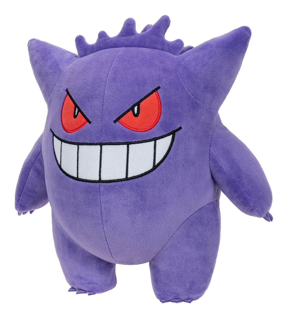 Purple plush Gengar toy with red eyes and a wide grin on a white background