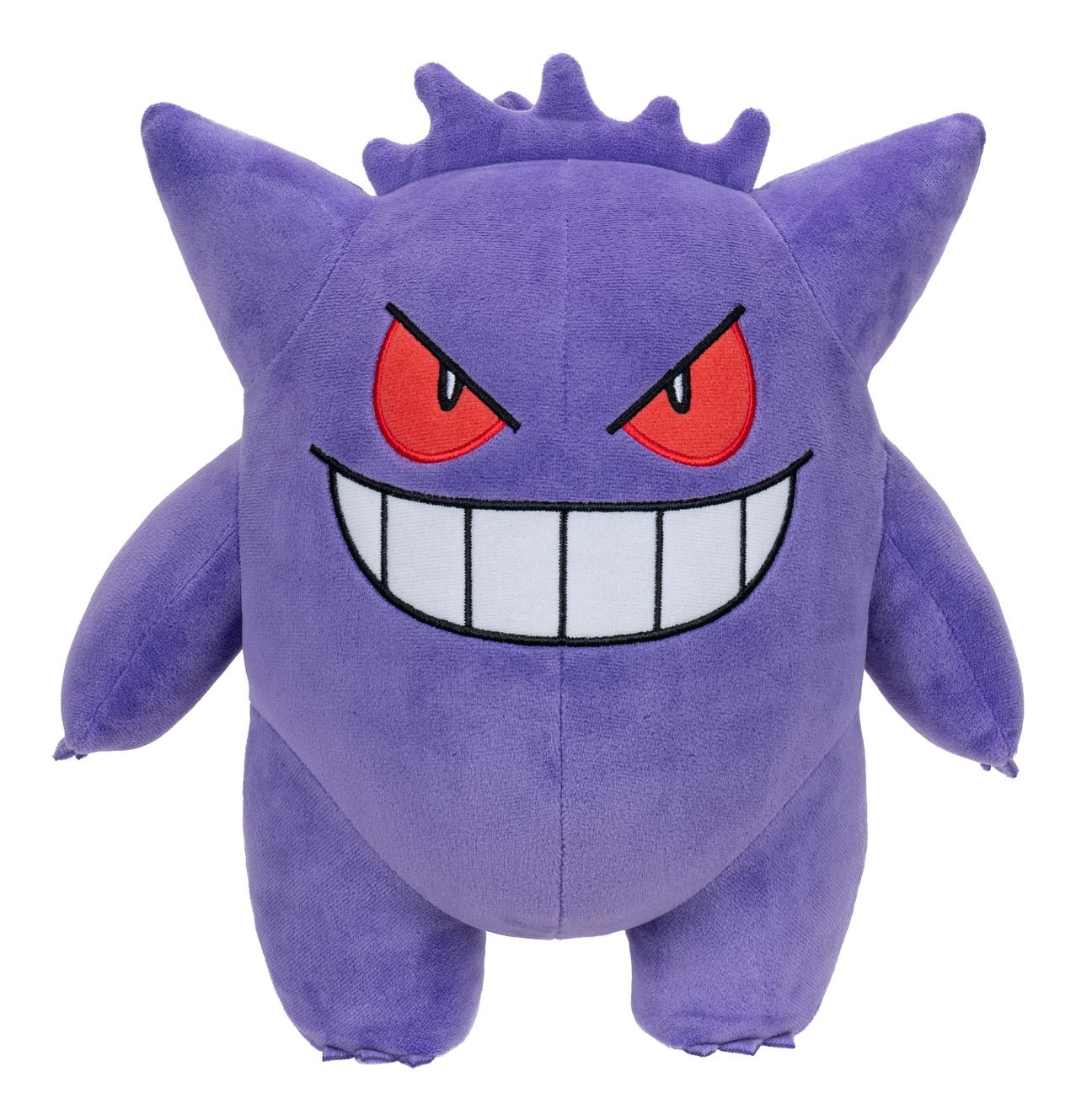 Purple plush Gengar toy with a menacing expression on a white background