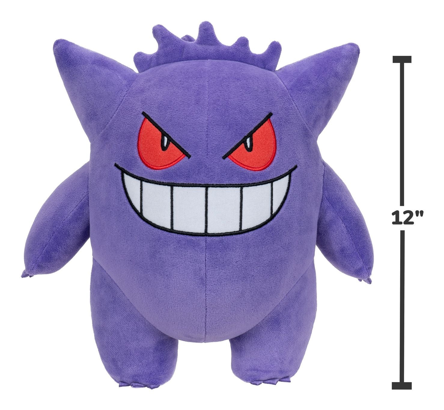 Purple plush Gengar toy with red eyes and a smile, labeled 12" on a white background