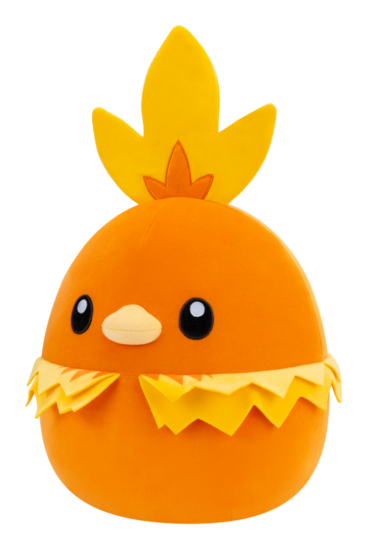 Plush Squishmallows 10in Pokémon Torchic toy with a yellow top and orange body on a white background