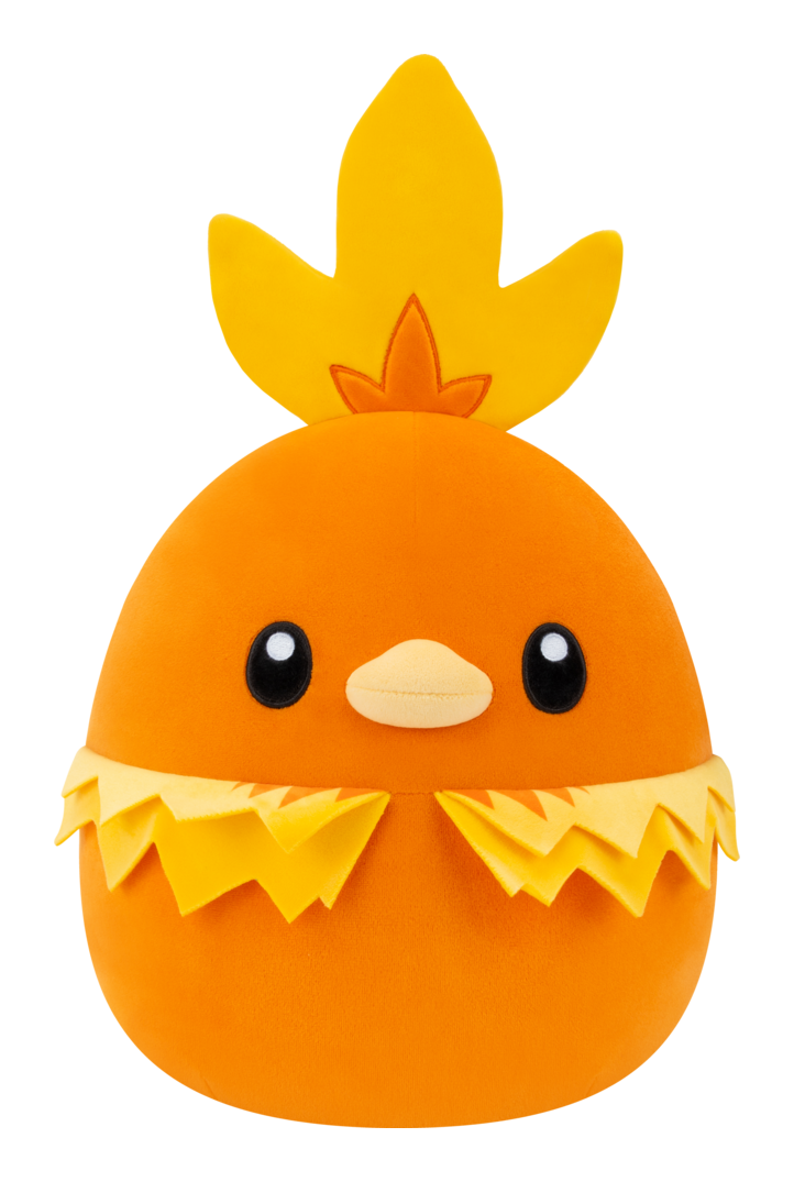 Plush Squishmallows 10in Pokémon Torchic toy with yellow feathers on a white background