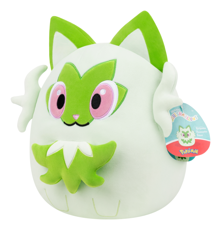 Plush Sprigatito toy of a green and white character with a tag on a white background