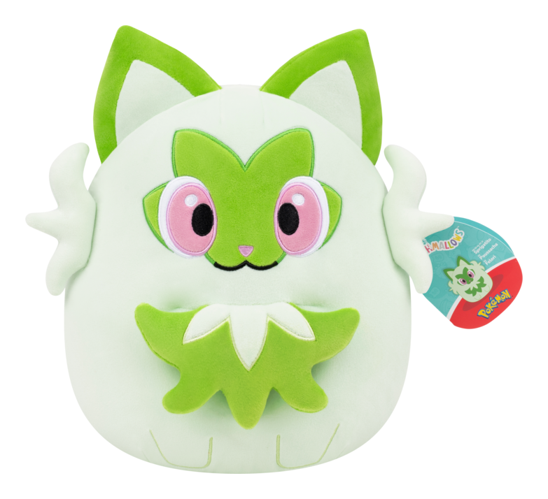 Plush Sprigatito toy with green and white design on a white background