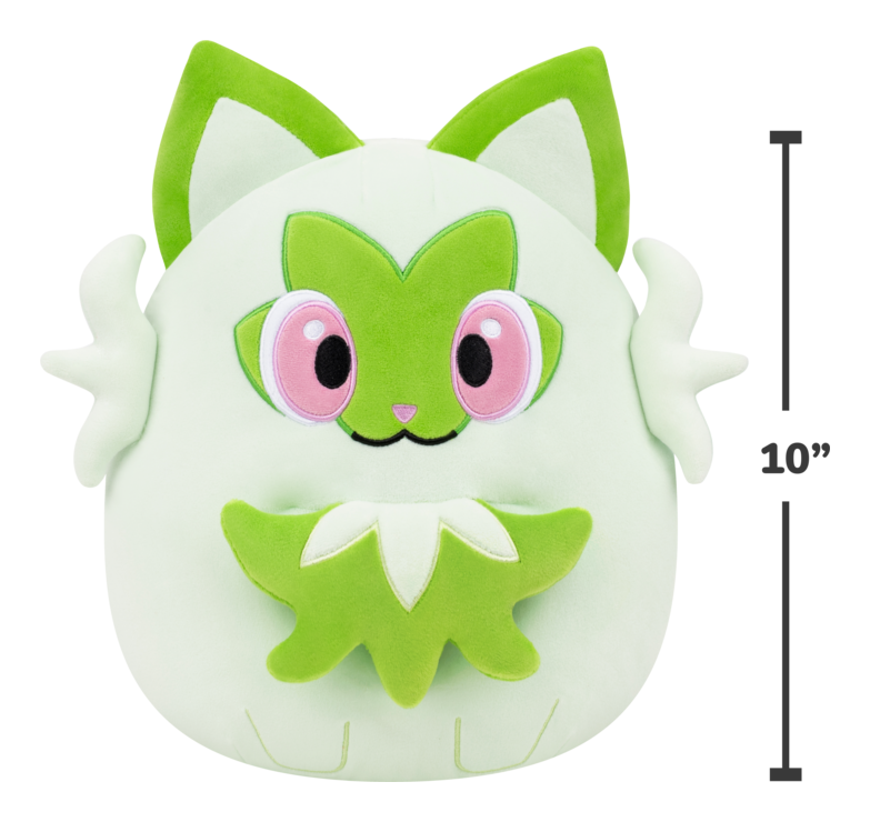 Plush Sprigatito toy with green and white design, resembling a character from a cartoon or game, with a measurement label indicating 10 inches.