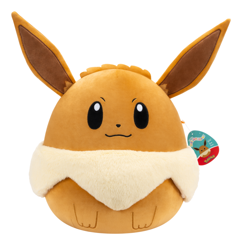 Plush toy Squishmallows 14in Pokémon Eevee with large ears and a white collar on a white background