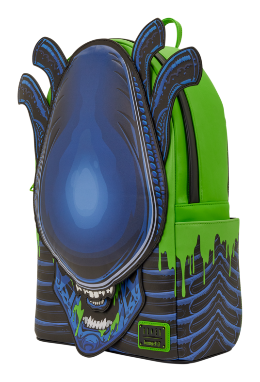 Backpack with blue and green design on a white background