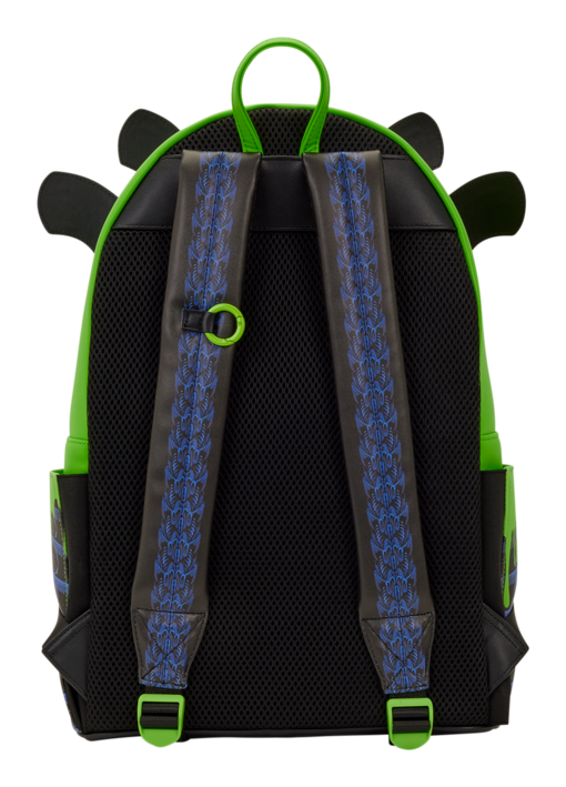 Backpack with green straps and black mesh back panel on a white background