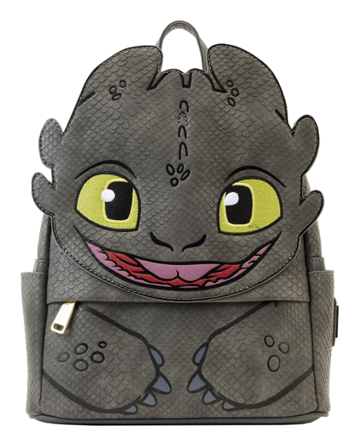 Backpack designed like a dragon with large eyes and a smiling mouth on a white background