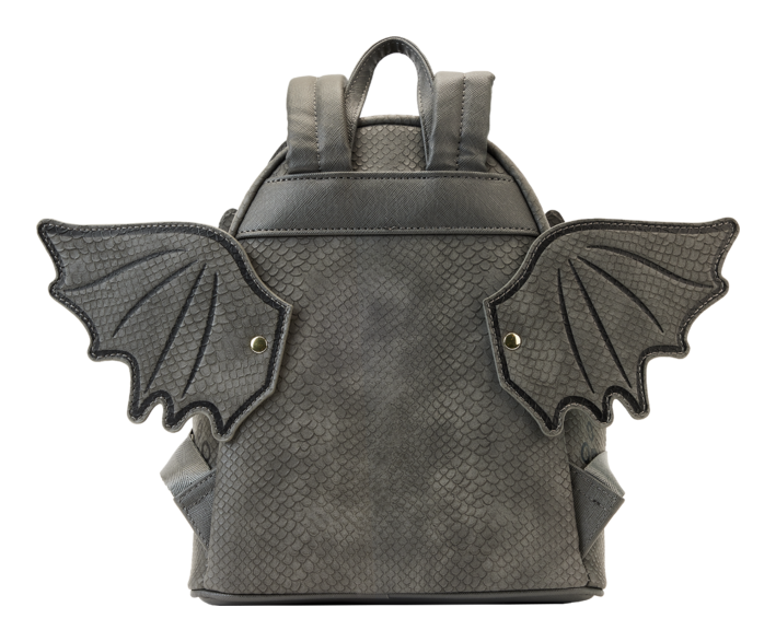 Gray backpack with bat wing designs on a white background