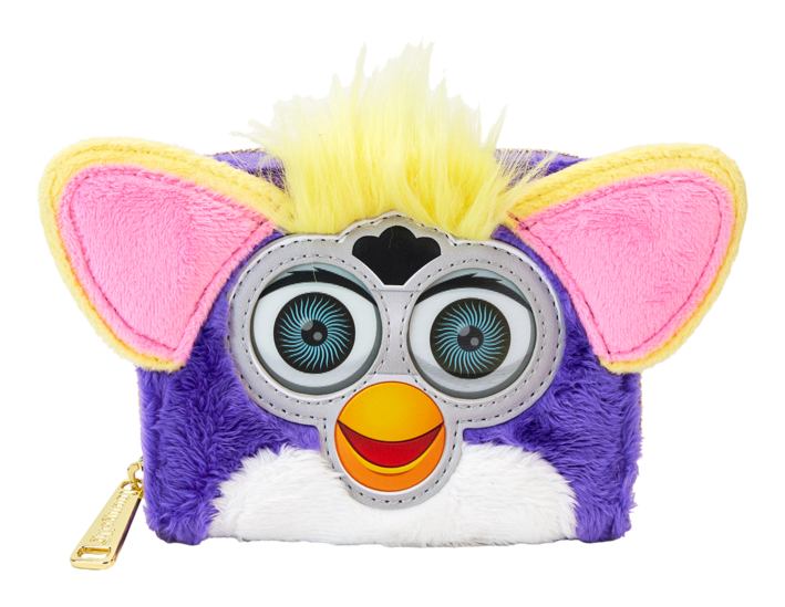 Colorful Furby wallet with large eyes and a wide smile on a white background