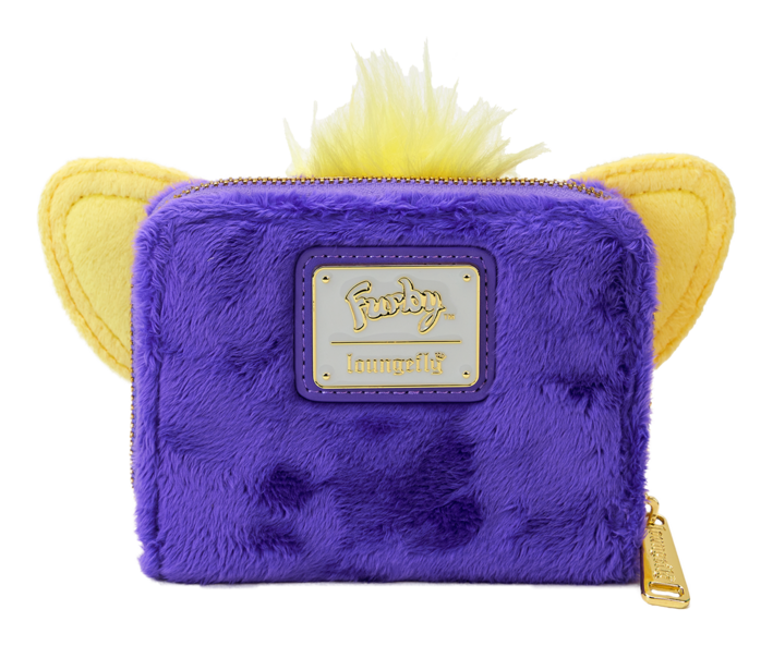 Purple furry furby wallet with yellow ears and a visible brand logo on a white background