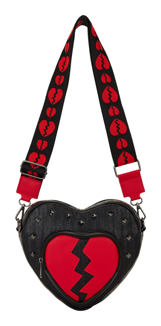 Heart-shaped bag with a broken heart design and red and black strap on a white background