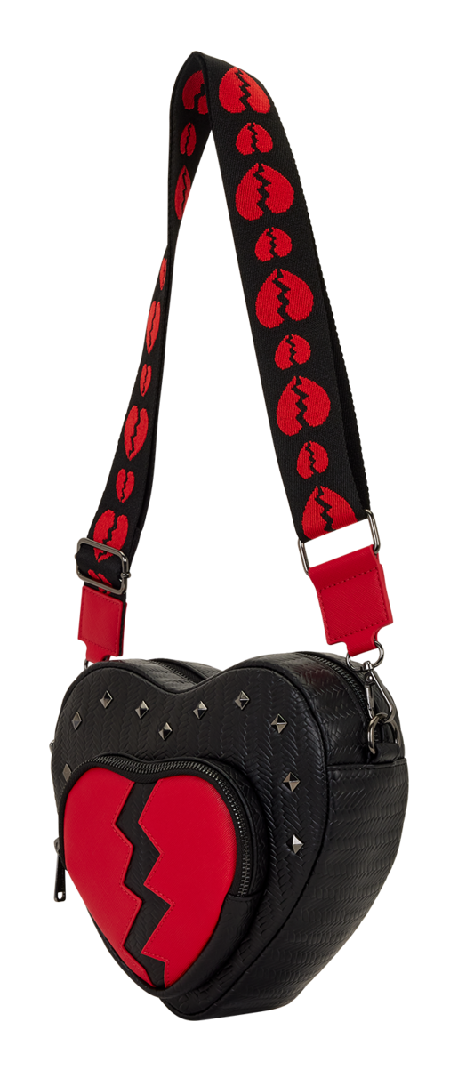 Heart-shaped black bag with red裂纹 design and matching strap on a white background