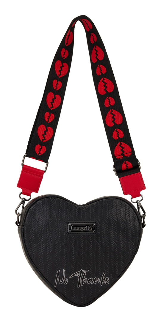 Heart-shaped black bag with a red and black patterned strap on a white background