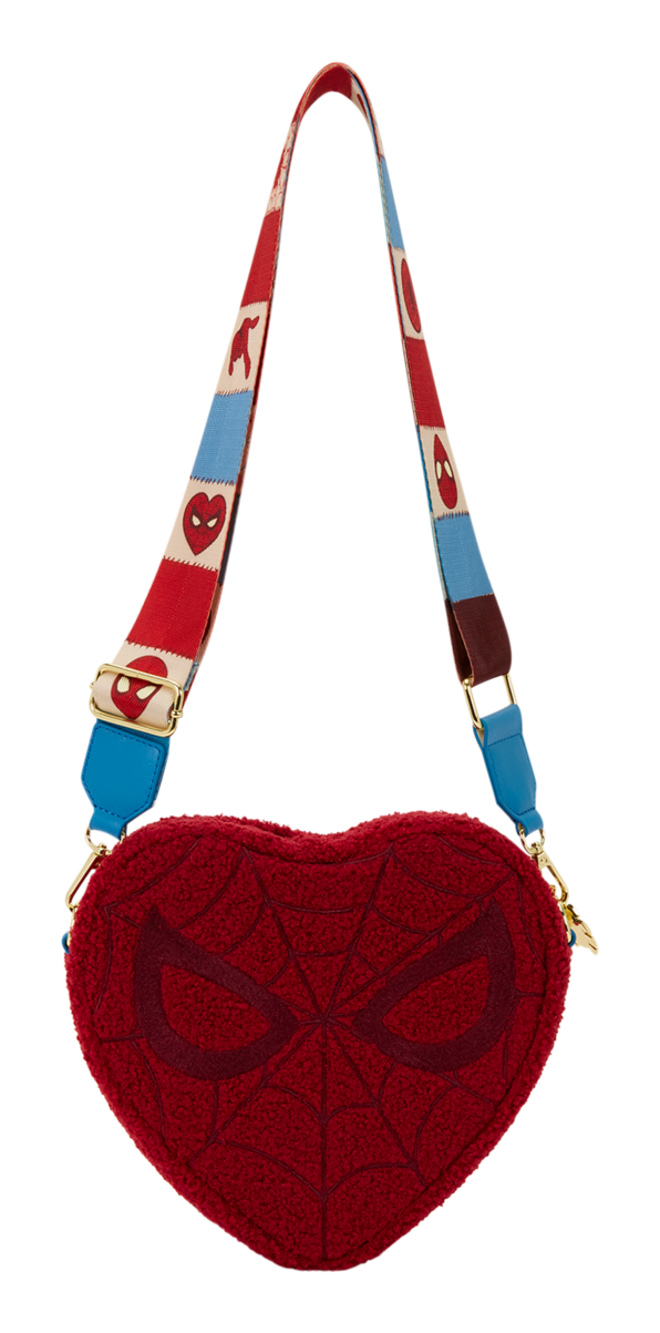 Red heart-shaped pouch with Spider-Man design on a white background