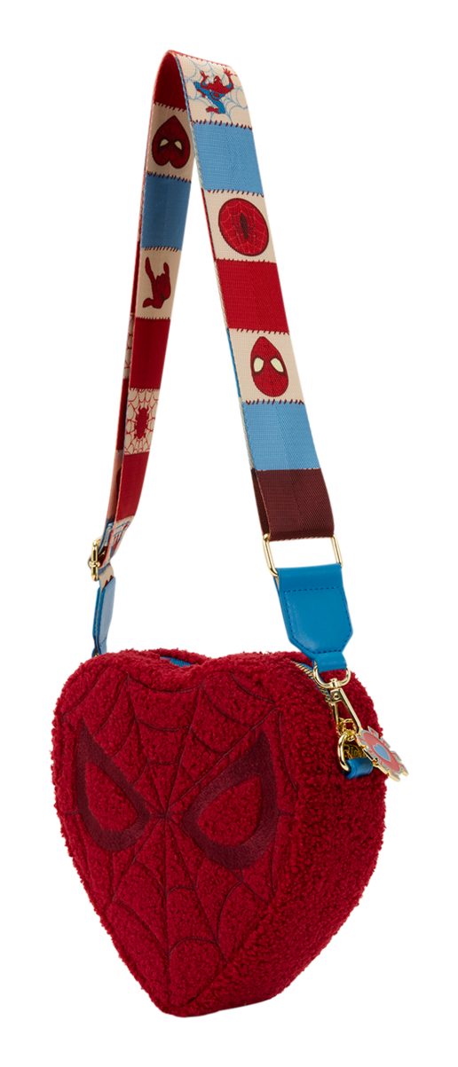 Red knitted bag with Spider-Man design on a white background