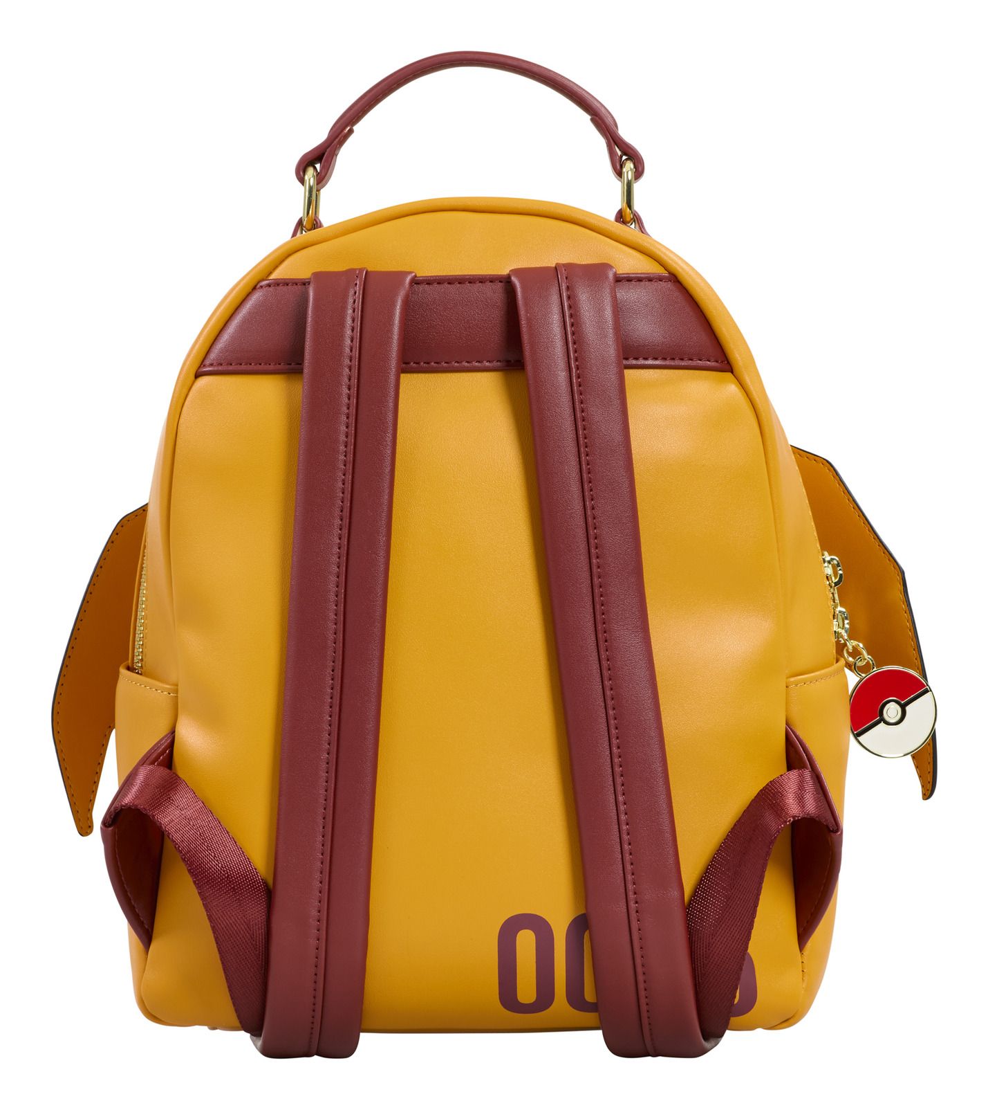 Yellow backpack with maroon straps and a Poké Ball charm on a white background
