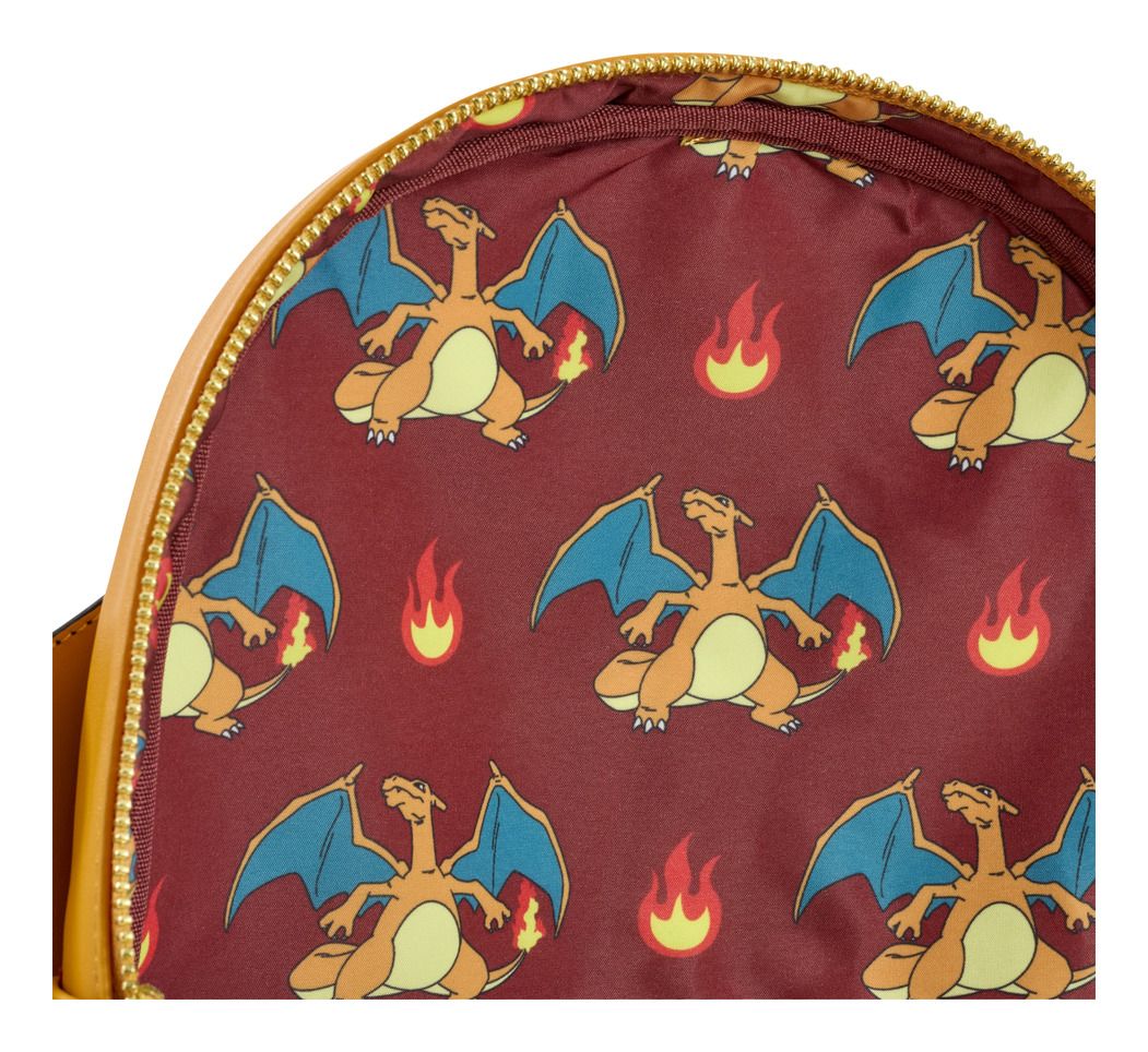 Backpack with Charizard pattern on a red background