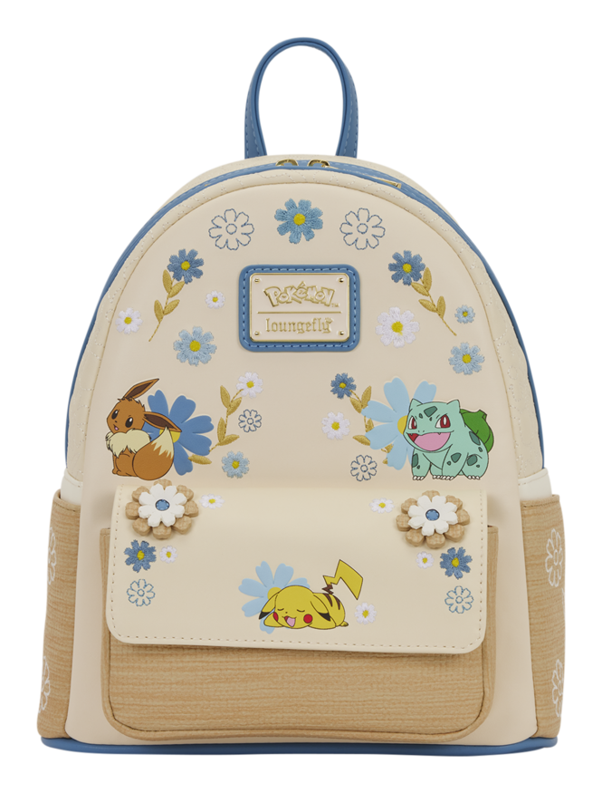 Backpack with Pokémon characters and floral designs on a beige background