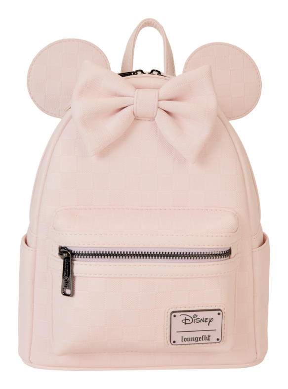 Pink backpack with mouse ears and a bow, featuring the Disney Loungefly logo.