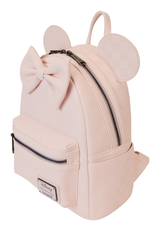 Pink backpack with mouse ears and a bow on a white background