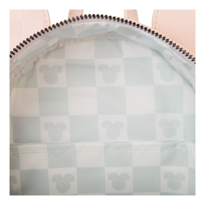 Close-up of a bag with a checkered pattern and Mickey Mouse icons on a light pink background.