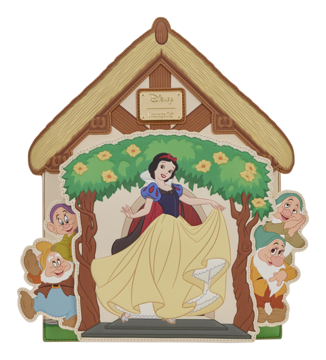 Decorative plaque with Snow White and the Seven Dwarfs, featuring a wooden house design.