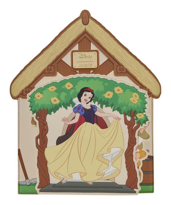 Disney Snow White figurine outsidw a wooden house with trees and flowers.