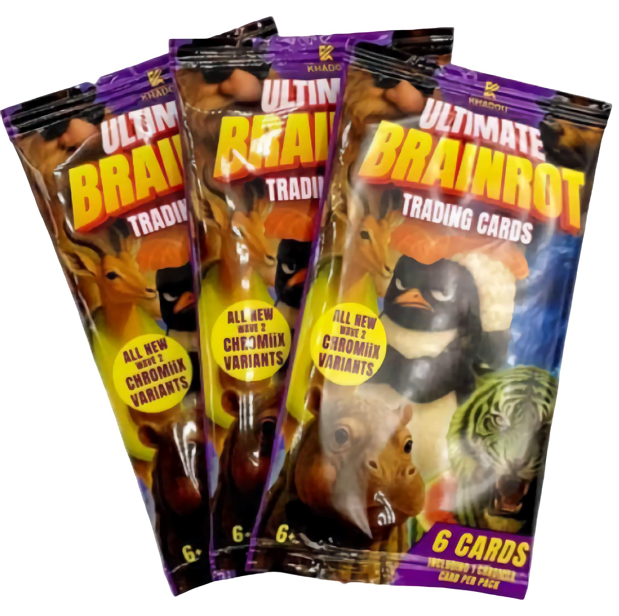 Packaging of Ultimate Brainrot Trading Card Collection booster pack with colorful characters and text.