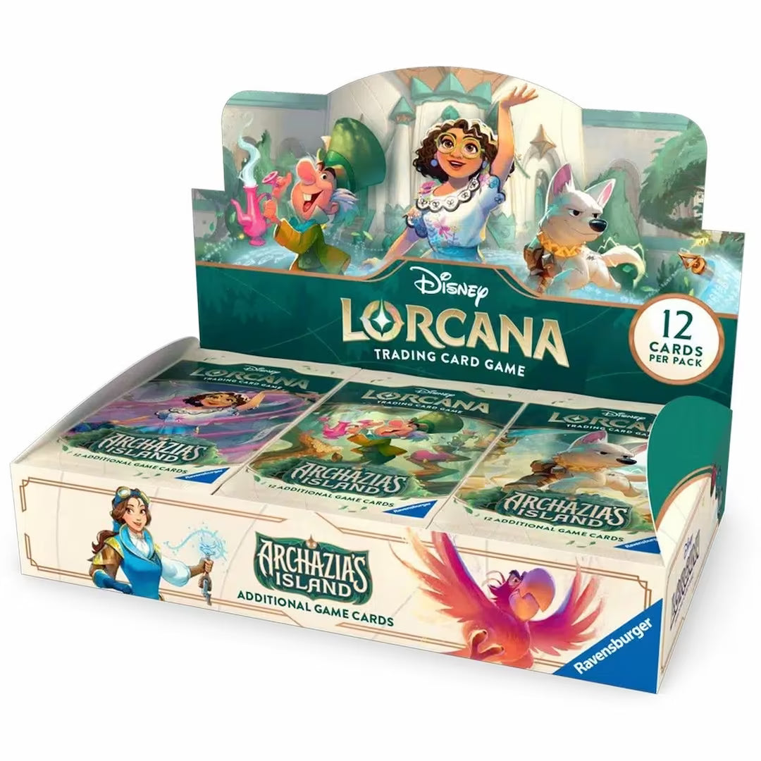 Disney Lorcana trading card game booster box with characters and cards displayed.