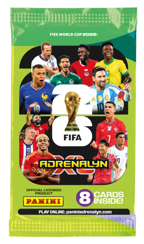 FIFA Adrenalyn XL trading card pack featuring soccer players and the World Cup trophy.