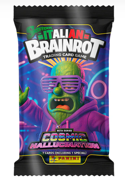 Panini Italian Brainrot Cosmic Hallucination trading card game pack featuring a character with green skin and purple sunglasses on a vibrant background.
