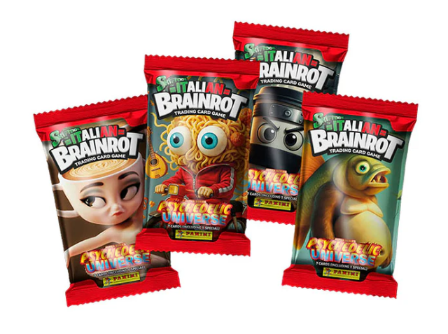 Four packages of 'All in the Brainrot' trading card game on a white background