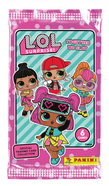 Image of a L.O.L dolls Together We Slay trading card booster pack featuring characters from the series.