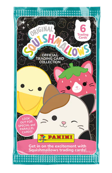Squishmallows trading card collection packaging with four characters on a blue border.