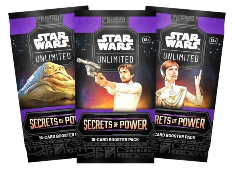 Pictures of Star Wars Unlimited, Secrets of Power booster packs which display characters from the franchise. 