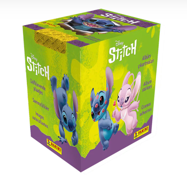 Box of Disney Stitch stickers with characters on a green and purple background