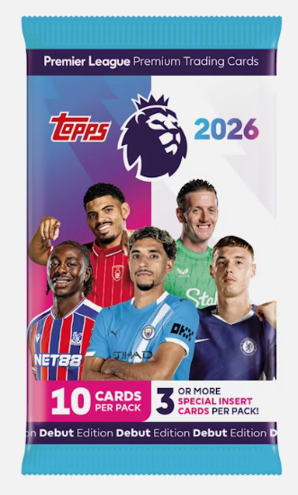 Topps Premier League 2026 trading card pack with player images and promotional text.