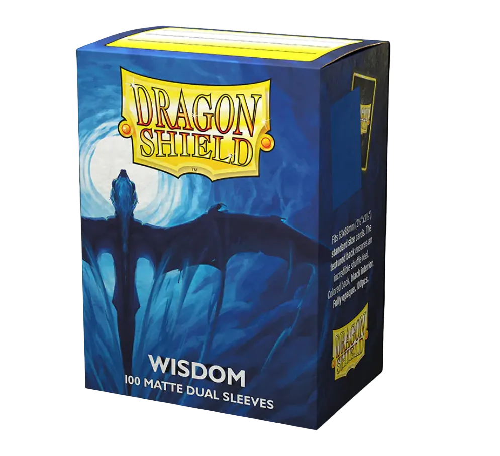Dragon Shield Wisdom 100 Matte Dual Sleeves box, featuring a blue dragon illustration on a black background.