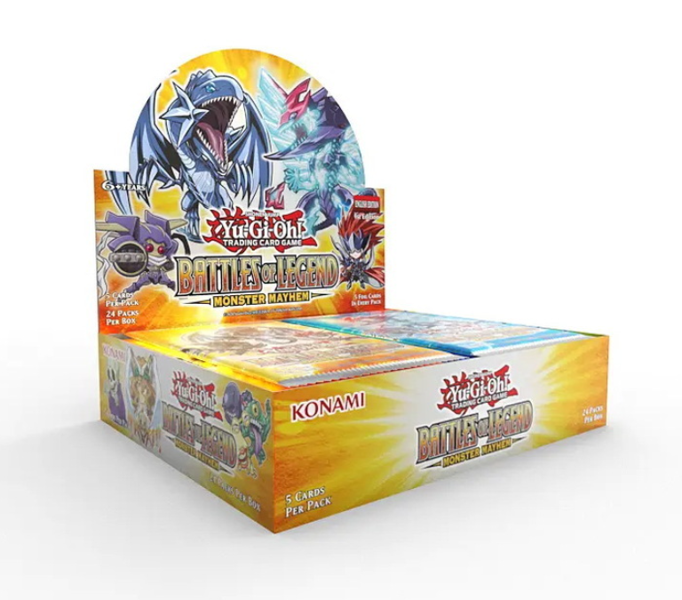 Image is of a Yu-Gi-Oh! Battles of Legend booster box featuring characters from the series