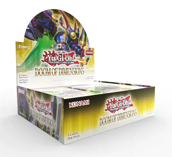 Image of a Yu-Gi-Oh! Doom of Dimensions booster box featuring characters from the series.